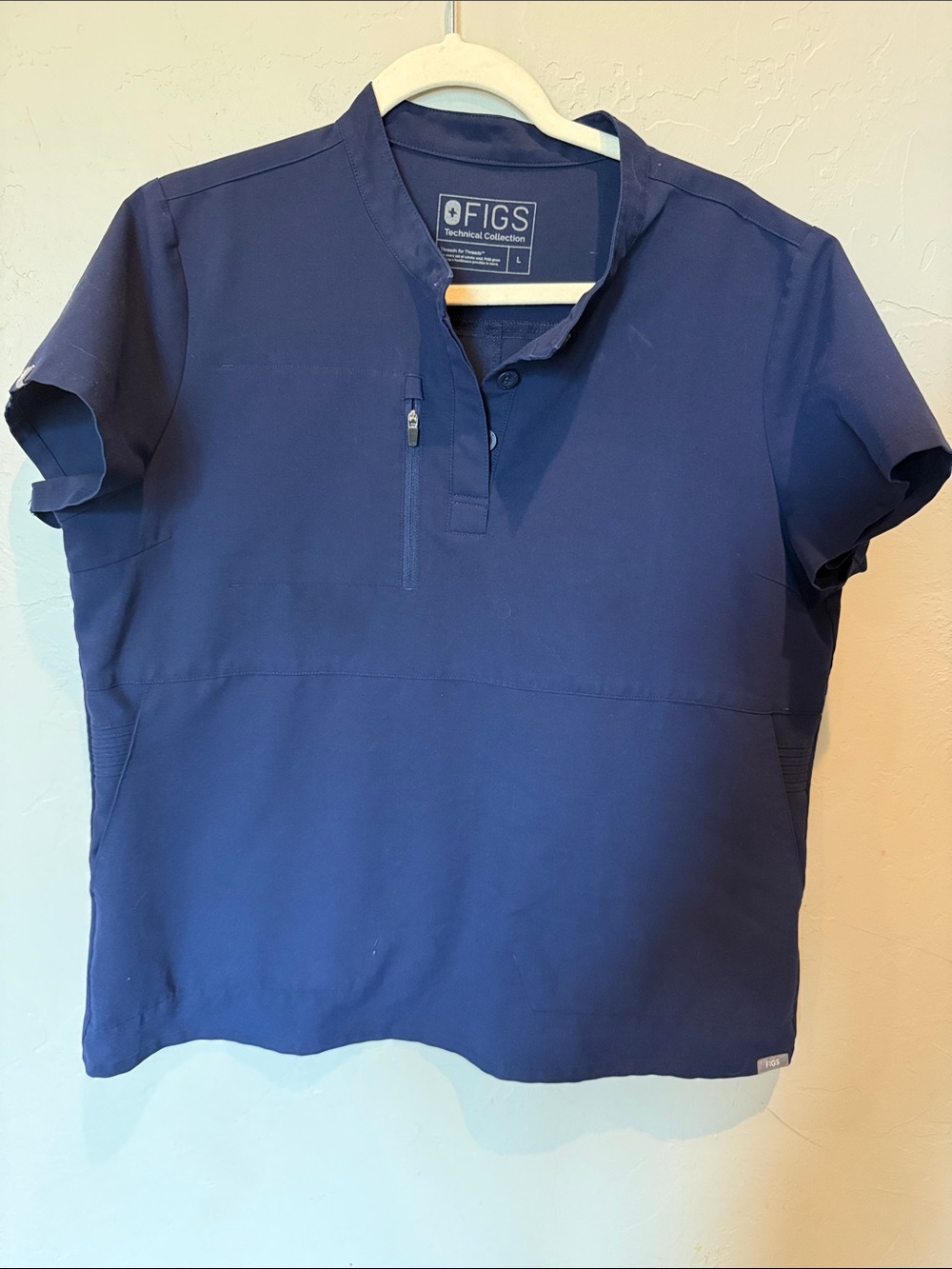 FIGS Women’s Deep Navy Short-Sleeve Technical Shirt with Mandarin Collar